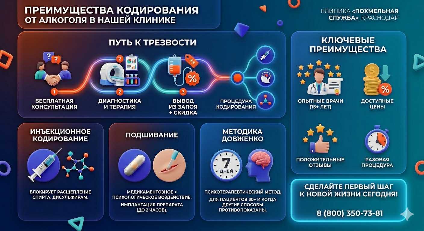 Инфографика о методах кодирования от алкоголя в Каргополе: инъекции, подшивание, метод Довженко. Преимущества клиники и этапы лечения.