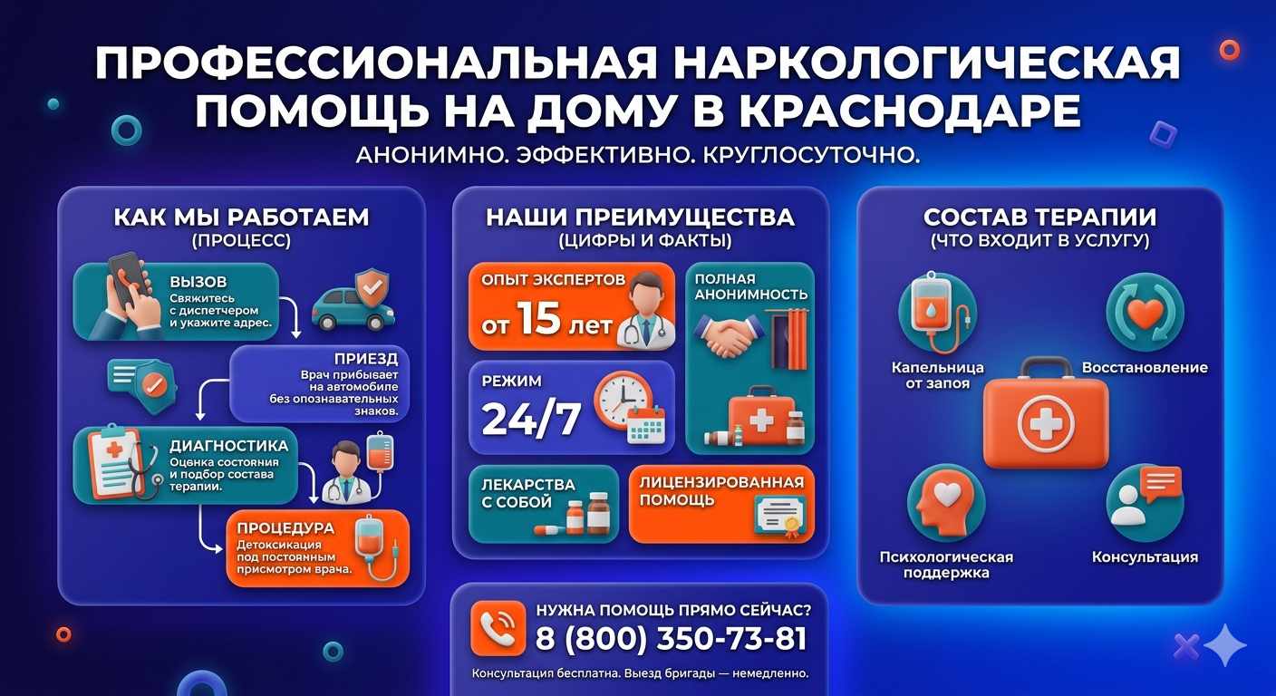 Инфографика о принципах лечения алкоголизма на дому в Каргополе: этапы вызова нарколога, преимущества анонимной детоксикации и состав медицинской помощи.
